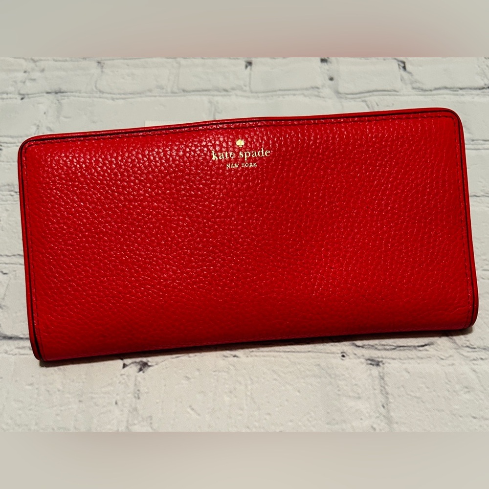 Beautiful Bright Red Pebble Leather Kate Spade Bifold Long Wallet